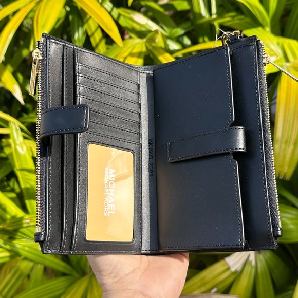 Michael Kors Jet Set Travel Large Double Zip Wallet MK Graphic Logo Beige Black - Picture 5 of 10